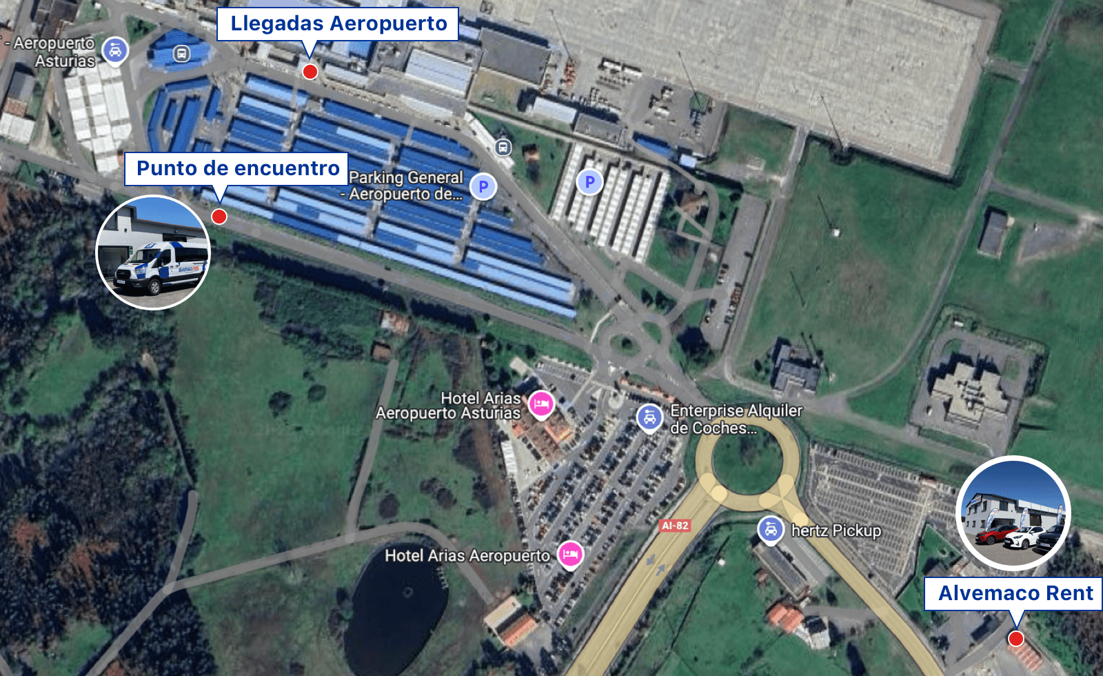 Mapa con la ubicación de nuestras instalaciones de Alvemaco Rent y punto de encuentro en el aeropuerto de Asturias